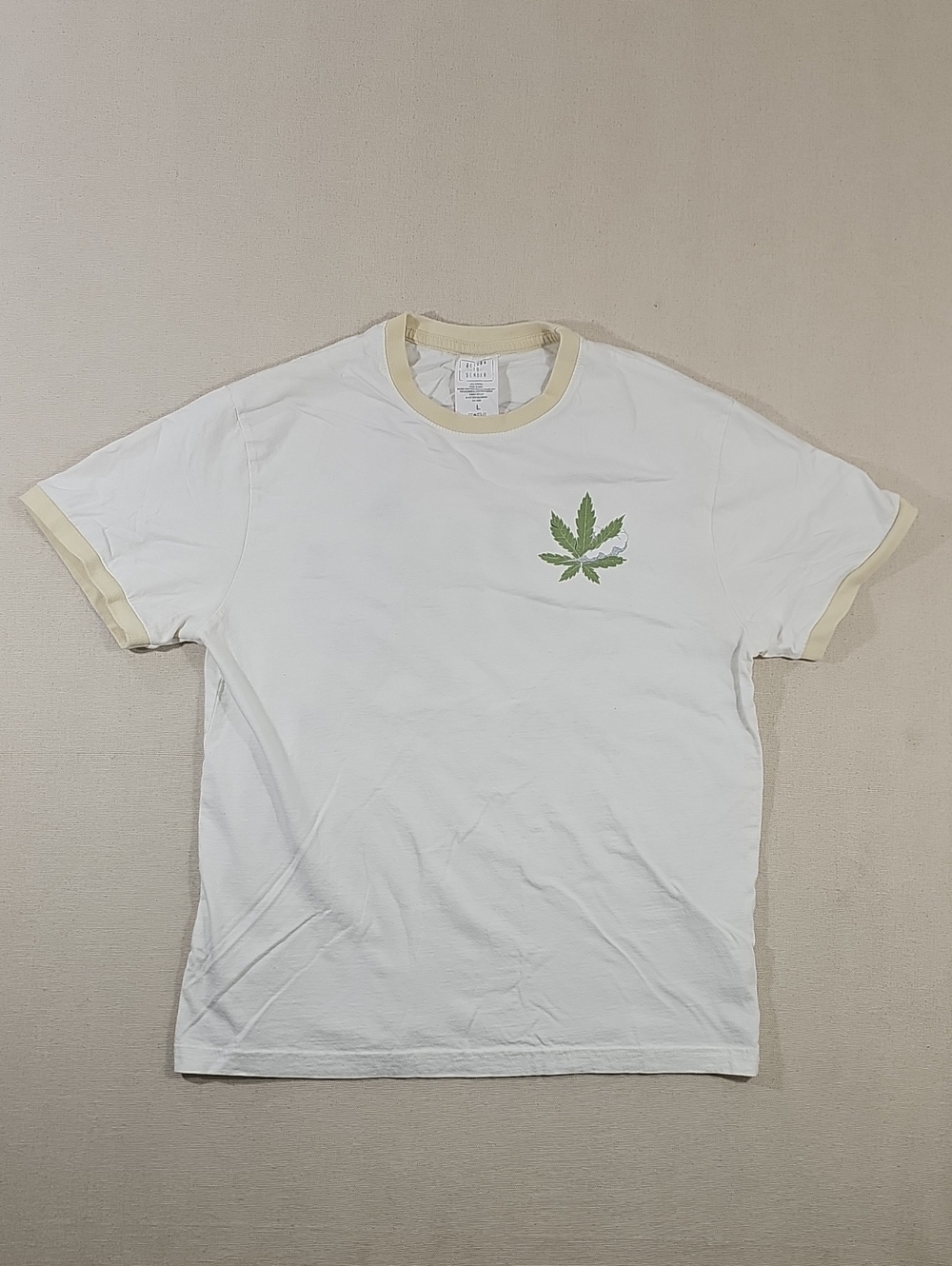 White Short-Sleeve Ringer Tee with Green Leaf Chest Motif